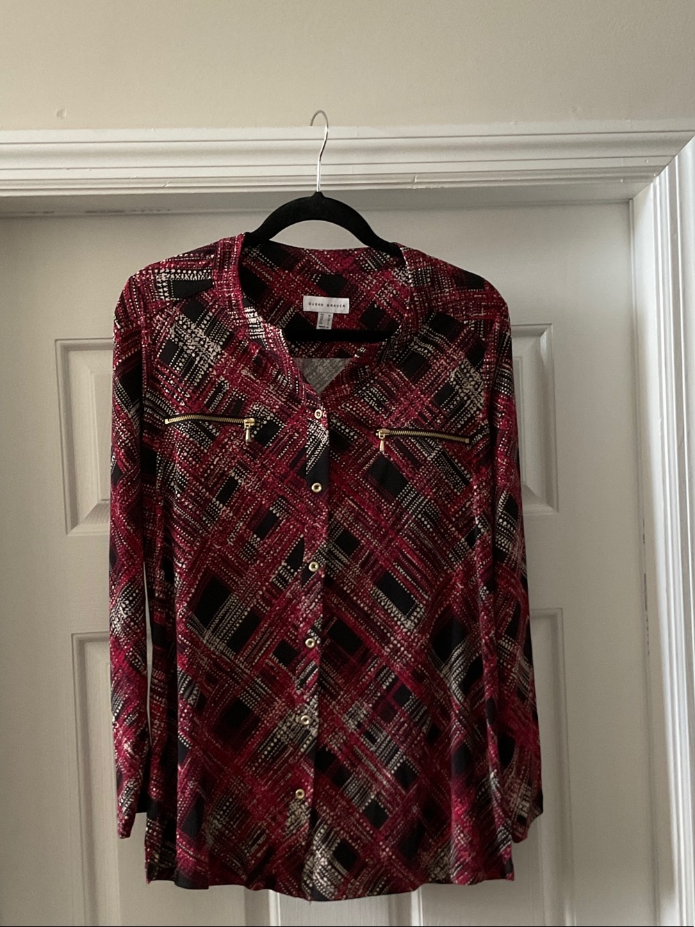 Susan Graver Burgundy Plaid Button-Front Jacket with Gold Zipper Accents, M